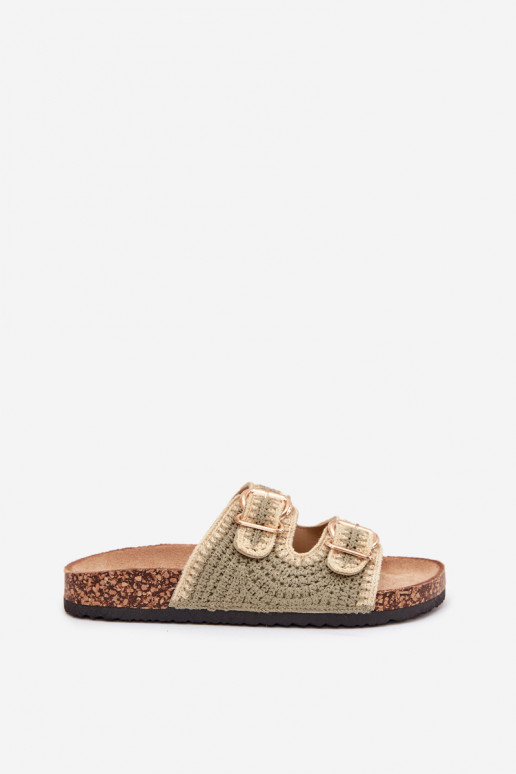 SzydełkoĮe Moteriškos šlepetės Ze aukso spalvosmi su sagtimismi žalios spalvos Fenira