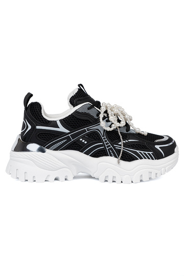 juodos spalvos Sneakers modelio batai z białą kokardą i koralikami 2