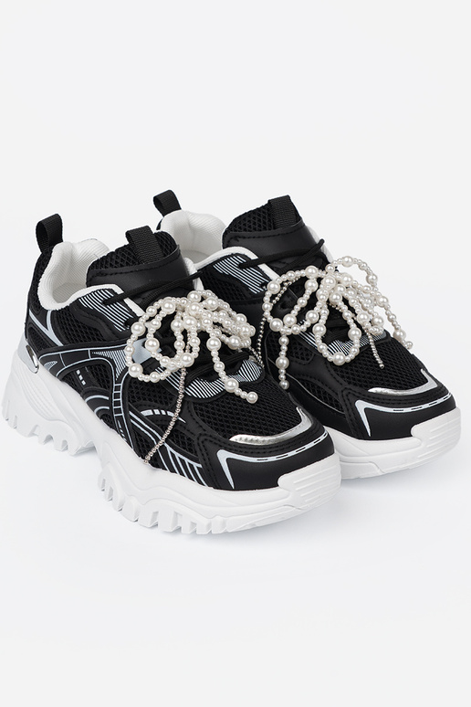 juodos spalvos Sneakers modelio batai z białą kokardą i koralikami
