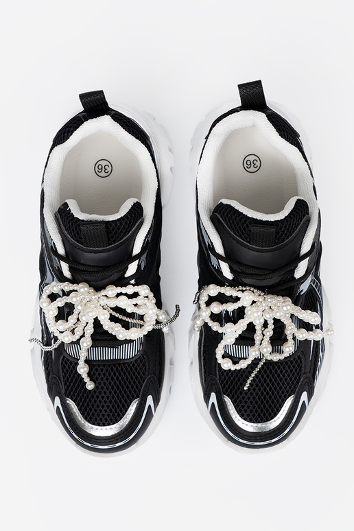 juodos spalvos Sneakers modelio batai z białą kokardą i koralikami