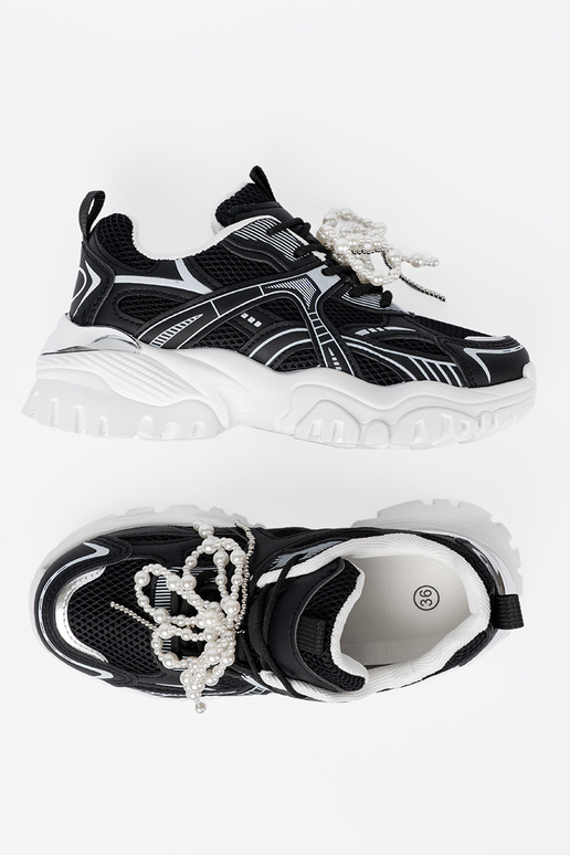 juodos spalvos Sneakers modelio batai z białą kokardą i koralikami