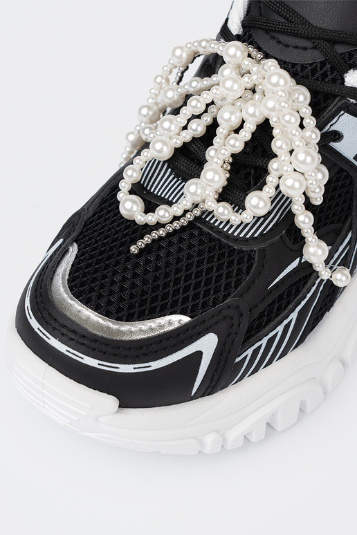 juodos spalvos Sneakers modelio batai z białą kokardą i koralikami