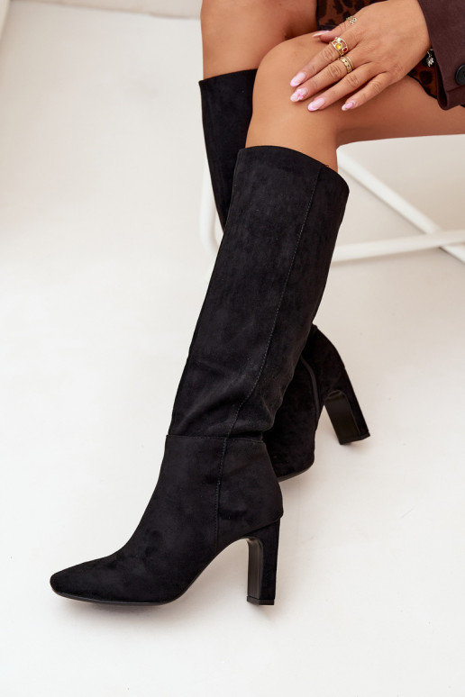 moteriški ilgaauliai batai su kulniukais pašiltinti juodos spalvos Zamira