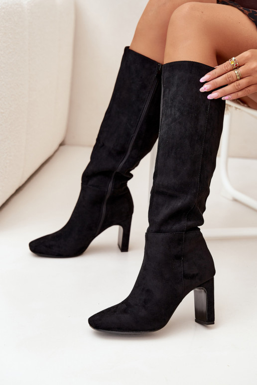 moteriški ilgaauliai batai su kulniukais pašiltinti juodos spalvos Zamira