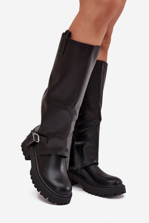 pašiltinti ilgaauliai bataisuINyĮiniętą CholeĮką I su sagtimis juodos spalvos Fiorae