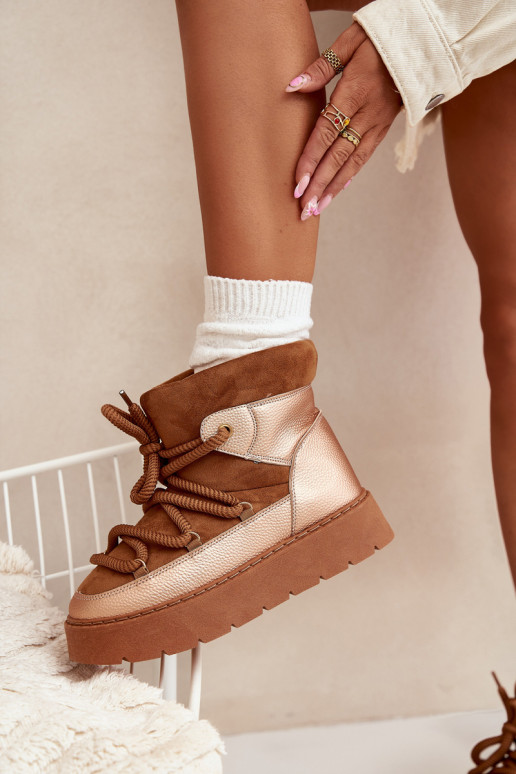 Žemas sniego batai Moteriškas pašiltinti su kailiuku vidujesuGrubym INiązaniem rudos spalvos Xarina