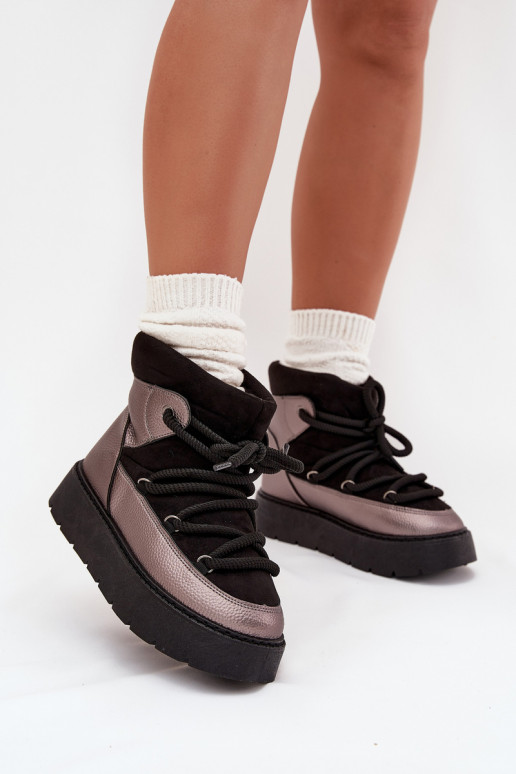Žemas sniego batai Moteriškas pašiltinti su kailiuku vidujesuGrubym INiązaniem juodos spalvos Xarina