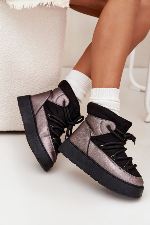 Žemas sniego batai Moteriškas pašiltinti su kailiuku vidujesuGrubym INiązaniem juodos spalvos Xarina