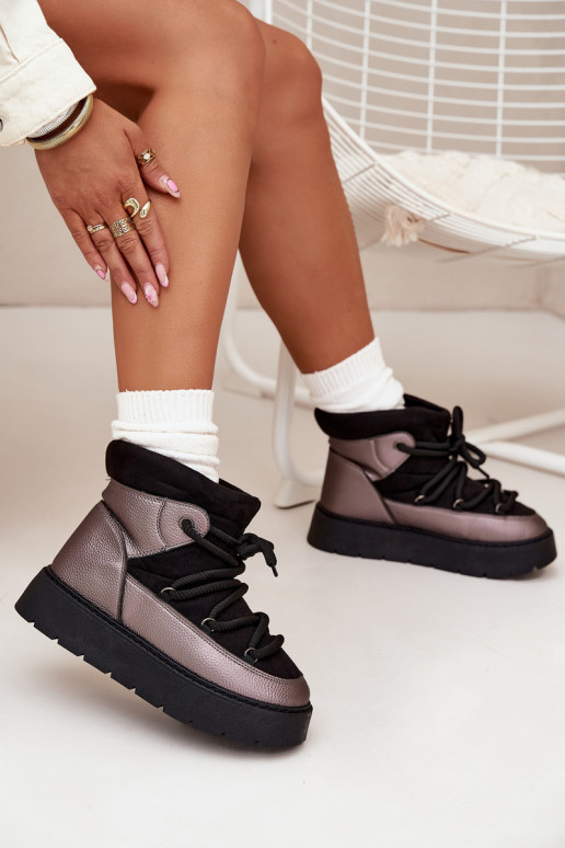 Žemas sniego batai Moteriškas pašiltinti su kailiuku vidujesuGrubym INiązaniem juodos spalvos Xarina