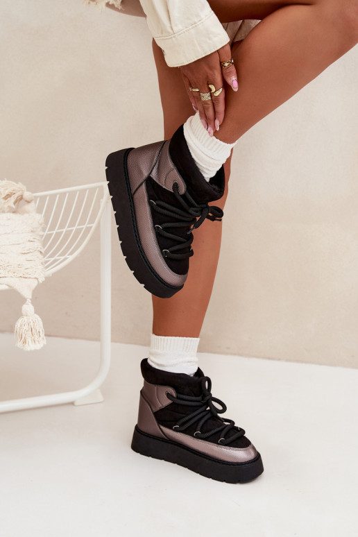 Žemas sniego batai Moteriškas pašiltinti su kailiuku vidujesuGrubym INiązaniem juodos spalvos Xarina