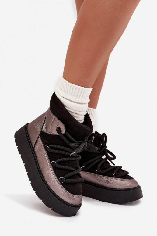 Žemas sniego batai Moteriškas pašiltinti su kailiuku vidujesuGrubym INiązaniem juodos spalvos Xarina