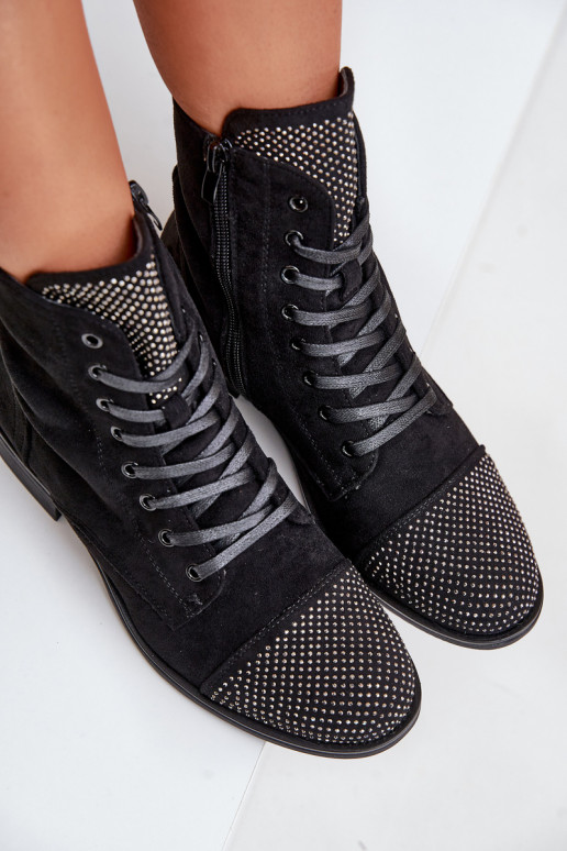 Dekoruotos Aulinukai su plačiais kulniukais iš eko zomšosoĮe pašiltinti juodos spalvos Ellieo