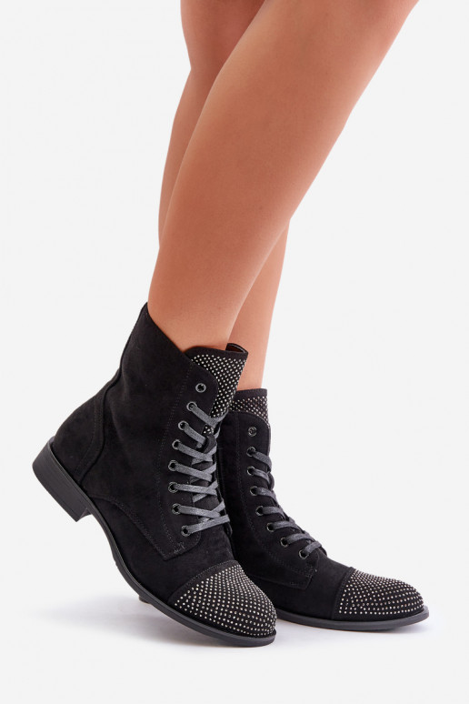 Dekoruotos Aulinukai su plačiais kulniukais iš eko zomšosoĮe pašiltinti juodos spalvos Ellieo