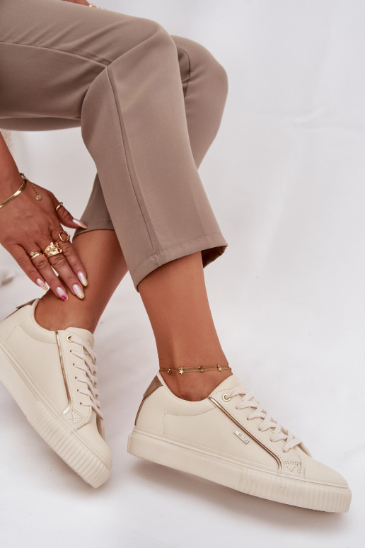 Moteriškas Sneakers modelio batai iš eko odos Big Star SS274027 smėlio spalvos-aukso spalvos Moteriškas Sneakers modelio batai iš eko odos Big Star SS274027 smėlio spalvos-aukso spalvos