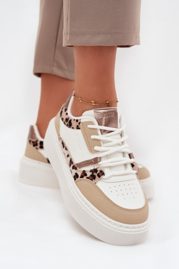 Moteriški baltos-smėlio spalvos sneakers stiliaus batai su platforma Big Star SS274357 su leopardo kailio raštais 2