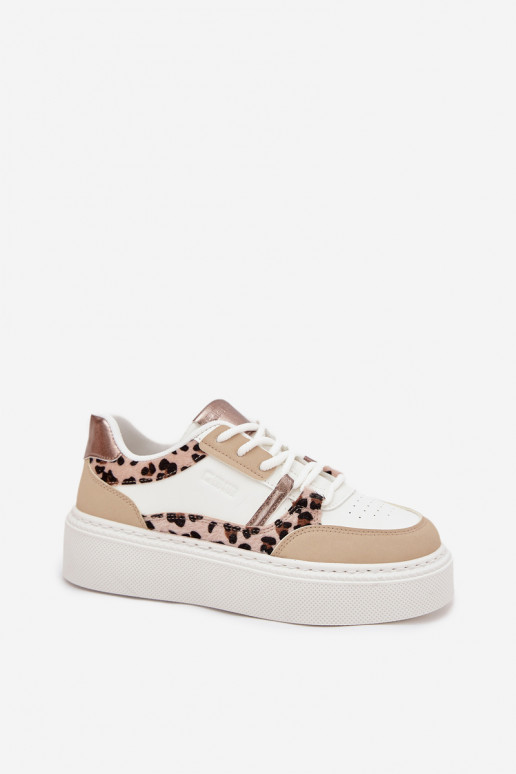 Moteriškas Sneakers modelio batai su platforma Big Star SS274357 su leopardo kailio raštais Baltos-smėlio spalvos