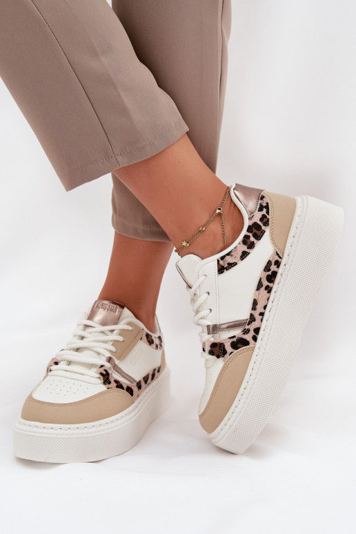 Moteriškas Sneakers modelio batai su platforma Big Star SS274357 su leopardo kailio raštais Baltos-smėlio spalvos