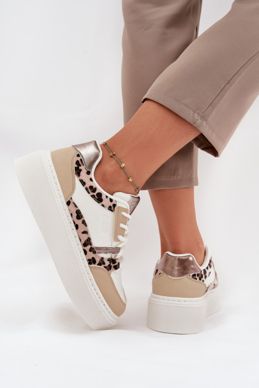 Moteriškas Sneakers modelio batai su platforma Big Star SS274357 su leopardo kailio raštais Baltos-smėlio spalvos