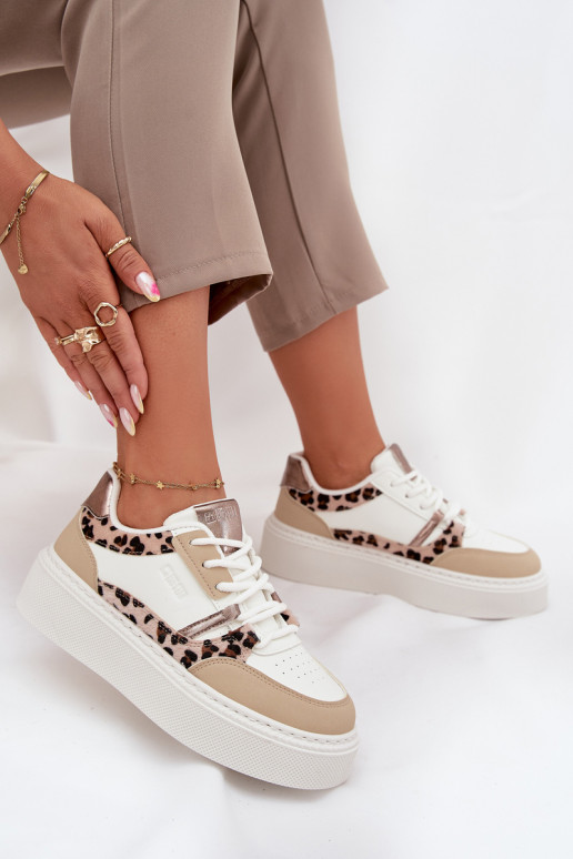Moteriškas Sneakers modelio batai su platforma Big Star SS274357 su leopardo kailio raštais Baltos-smėlio spalvos