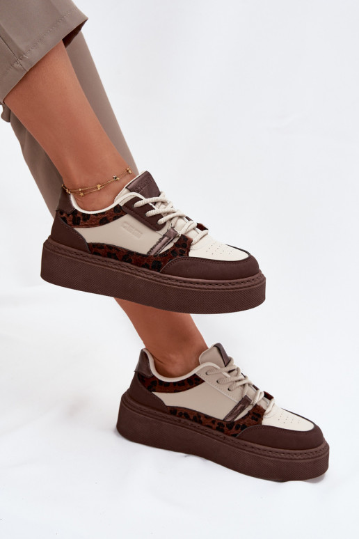 Moteriškas Sneakers modelio batai su platforma Big Star SS274356 su leopardo kailio raštais rudos-smėlio spalvos Moteriškas Sneakers modelio batai su platforma Big Star SS274356 su leopardo kailio raštais rudos-smėlio spalvos
