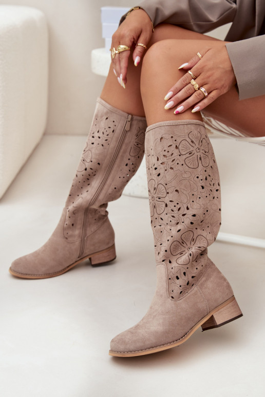 su aužūro elementais moteriški ilgaauliai batai Ant žemo kulno iš eko zomšosoĮe Užsegamos Į Pilį smėlio spalvos Orchides