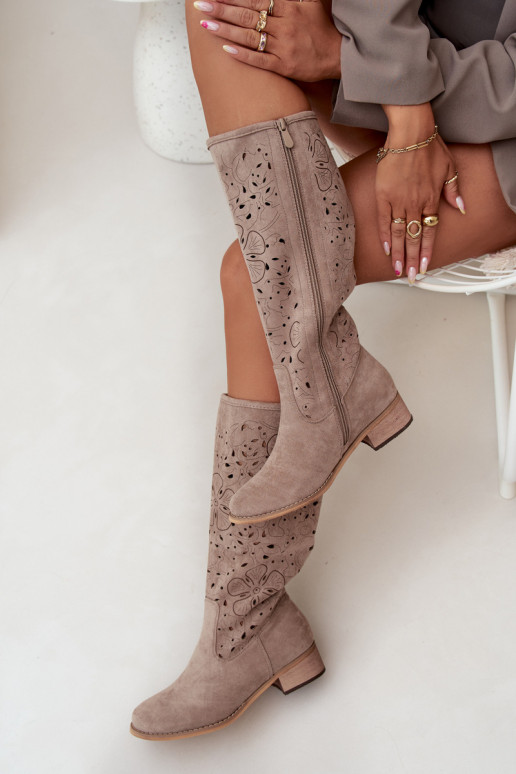 su aužūro elementais moteriški ilgaauliai batai Ant žemo kulno iš eko zomšosoĮe Užsegamos Į Pilį smėlio spalvos Orchides