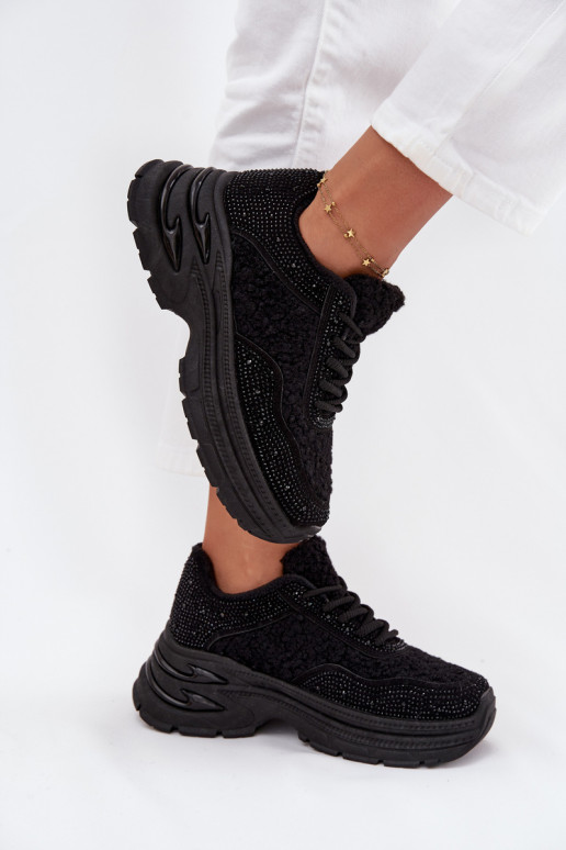 Sneakers modelio batai Moteriškas su tviskančiomis akutėmis ir kailiuku Typu Baranek juodos spalvos Zarika Sneakers modelio batai Moteriškas su tviskančiomis akutėmis ir kailiuku Typu Baranek juodos spalvos Zarika