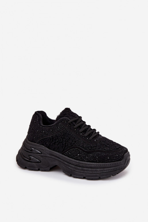 Sneakers modelio batai Moteriškas su tviskančiomis akutėmis ir kailiuku Typu Baranek juodos spalvos Zarika Sneakers modelio batai Moteriškas su tviskančiomis akutėmis ir kailiuku Typu Baranek juodos spalvos Zarika