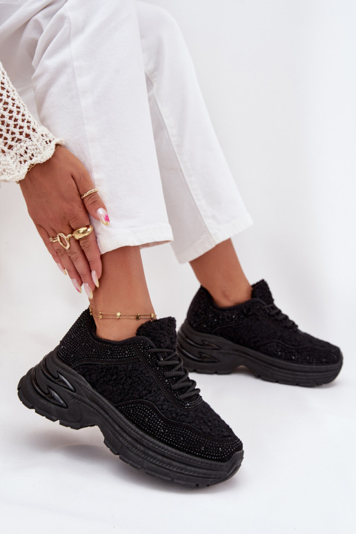 Sneakers modelio batai Moteriškas su tviskančiomis akutėmis ir kailiuku Typu Baranek juodos spalvos Zarika Sneakers modelio batai Moteriškas su tviskančiomis akutėmis ir kailiuku Typu Baranek juodos spalvos Zarika