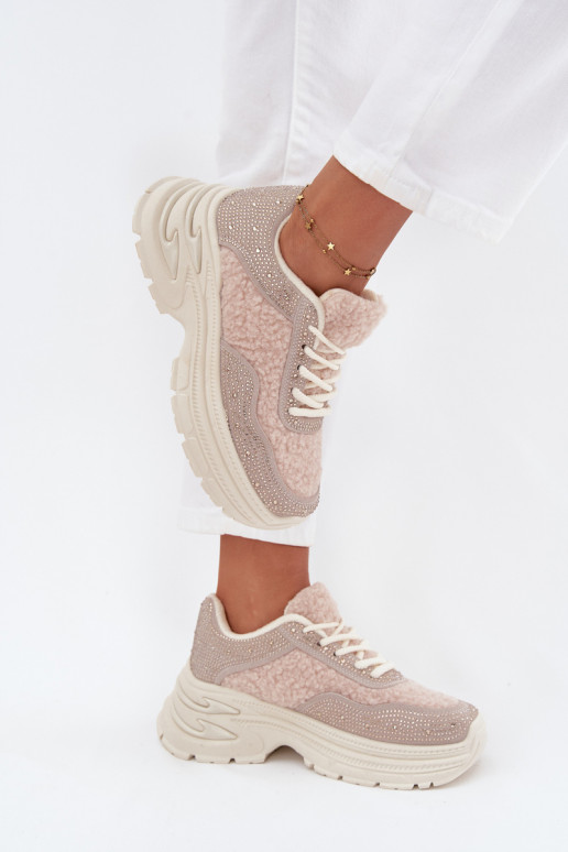 Sneakers modelio batai Moteriškas su tviskančiomis akutėmis ir kailiuku Typu Baranek dramblio kaulo spalvos Zarika