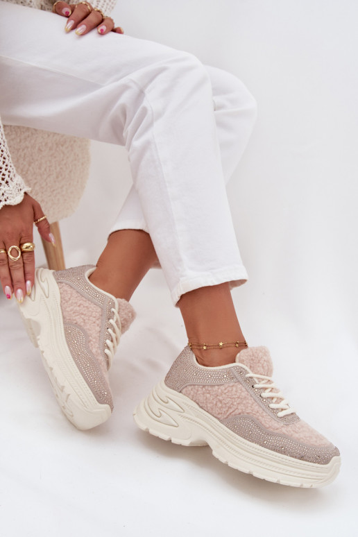 Sneakers modelio batai Moteriškas su tviskančiomis akutėmis ir kailiuku Typu Baranek dramblio kaulo spalvos Zarika