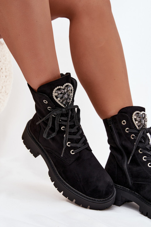 Darbiniai kulkšnies batai Su papuošalais pašiltinti iš eko zomšosoĮe juodos spalvos Miryssa