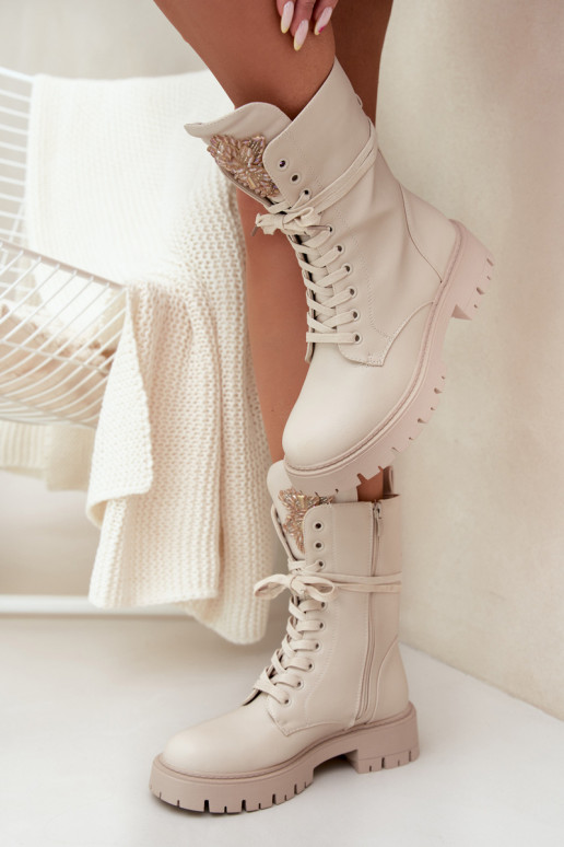 pašiltinti Darbiniai kulkšnies batai su ornamentais smėlio spalvos Kelilea