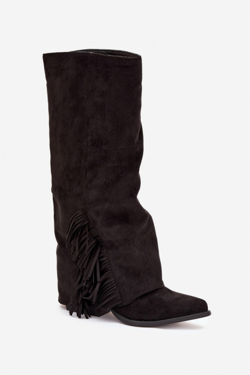 Įsispiriami moteriški ilgaauliai batai kaubojiško stiliaus, su kutais ir kulniukais, juodi Zalia