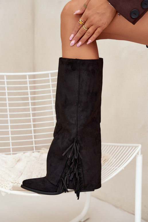 Įsispiriami moteriški ilgaauliai batai kaubojiško stiliaus, su kutais ir kulniukais, juodi Zalia