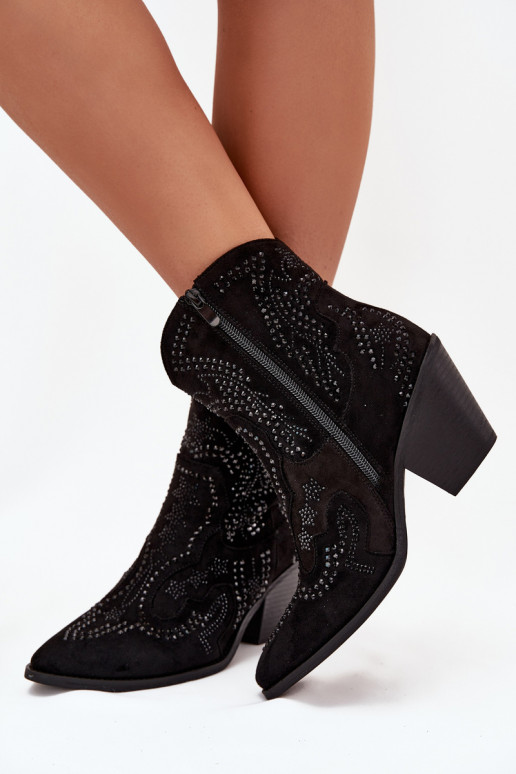 Pašiltinti moteriški kaubojiško stiliaus aulinukai su dekoracija, juodos spalvos Lelira