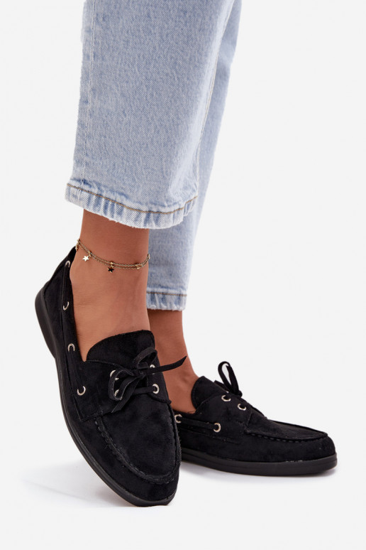 batai moteriški mokasinai su stilingomis detalėmis juodos spalvos Calivra