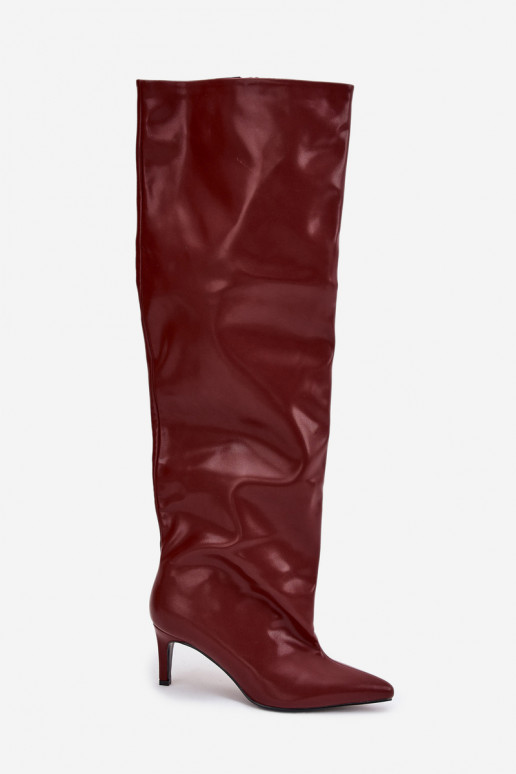 moteriški ilgaauliai batai su plonais kulniukais Įsispiriamo modelio bordo spalvos Tai turivilla