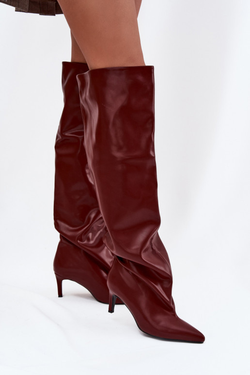 moteriški ilgaauliai batai su plonais kulniukais Įsispiriamo modelio bordo spalvos Tai turivilla