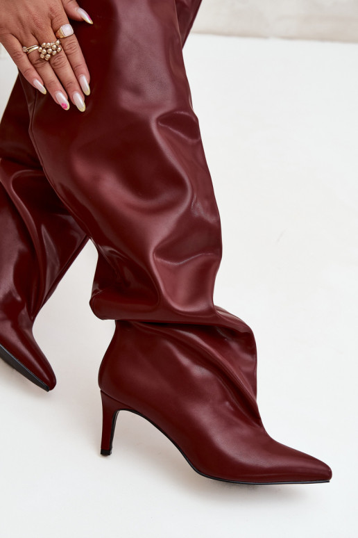 moteriški ilgaauliai batai su plonais kulniukais Įsispiriamo modelio bordo spalvos Tai turivilla