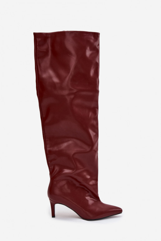 moteriški ilgaauliai batai su plonais kulniukais Įsispiriamo modelio bordo spalvos Tai turivilla