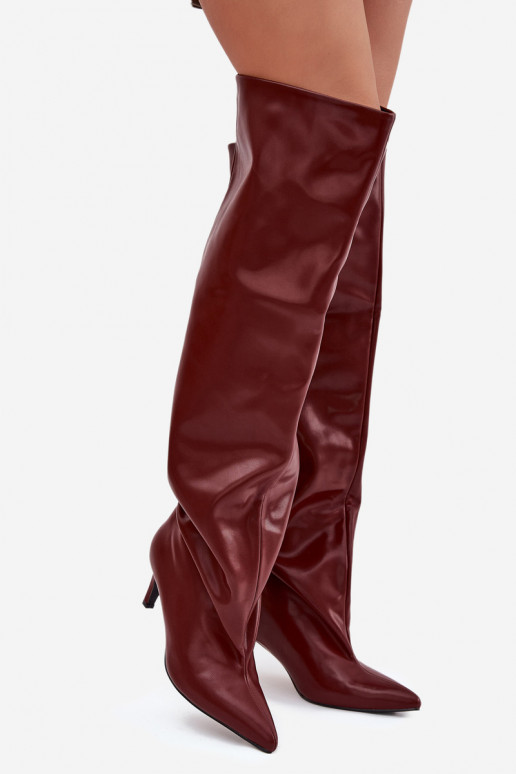 moteriški ilgaauliai batai su plonais kulniukais Įsispiriamo modelio bordo spalvos Tai turivilla