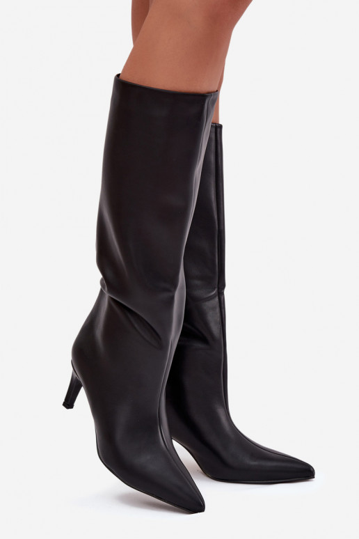 moteriški ilgaauliai batai Įsispiriamo modelio pašiltinti su plonais kulniukais juodos spalvos Olivienne