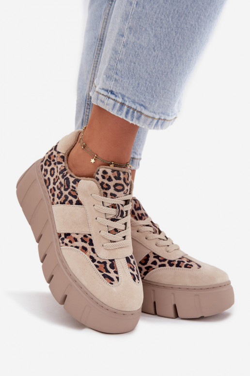 iš zomšos pašiltinti Sneakers modelio batai Moteriškas su platforma Vinceza 66841 su leopardo kailio raštais smėlio spalvos