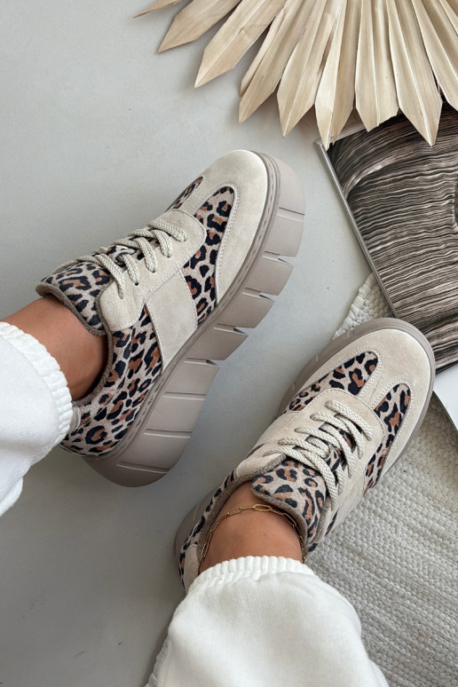 iš zomšos pašiltinti Sneakers modelio batai Moteriškas su platforma Vinceza 66841 su leopardo kailio raštais smėlio spalvos