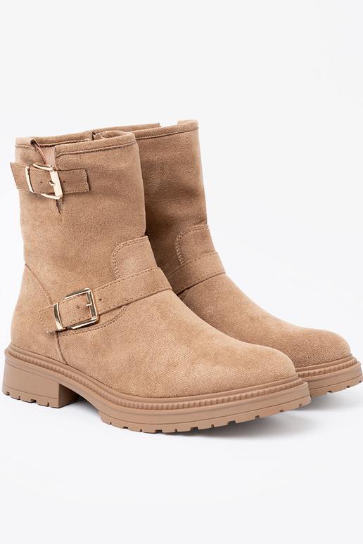 karamelinės spalvos batai z ozdobnymi auksinismi klamrami