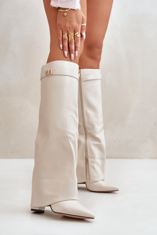 moteriški ilgaauliai batai Eko OdasuINyĮiniętą CholeĮką su kulniukais dramblio kaulo spalvos Avamora