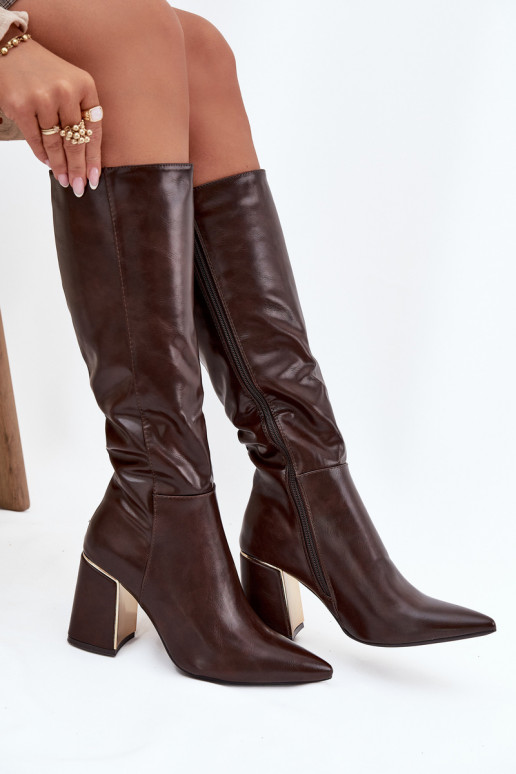 moteriški ilgaauliai batai su kulniukais Ze aukso spalvosm Elementas CzekoladoĮe Alessine