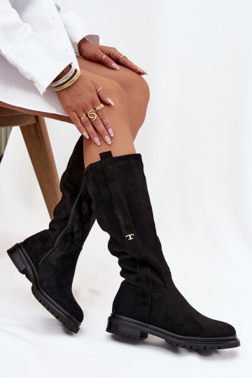 Šilti ilgaauliai batai Įjungta płaskim Obcasie iš eko zomšosoĮe juodos spalvos Delyssa