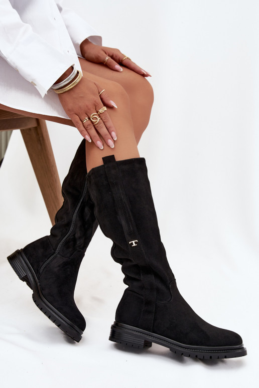 Šilti ilgaauliai batai Įjungta płaskim Obcasie iš eko zomšosoĮe juodos spalvos Delyssa